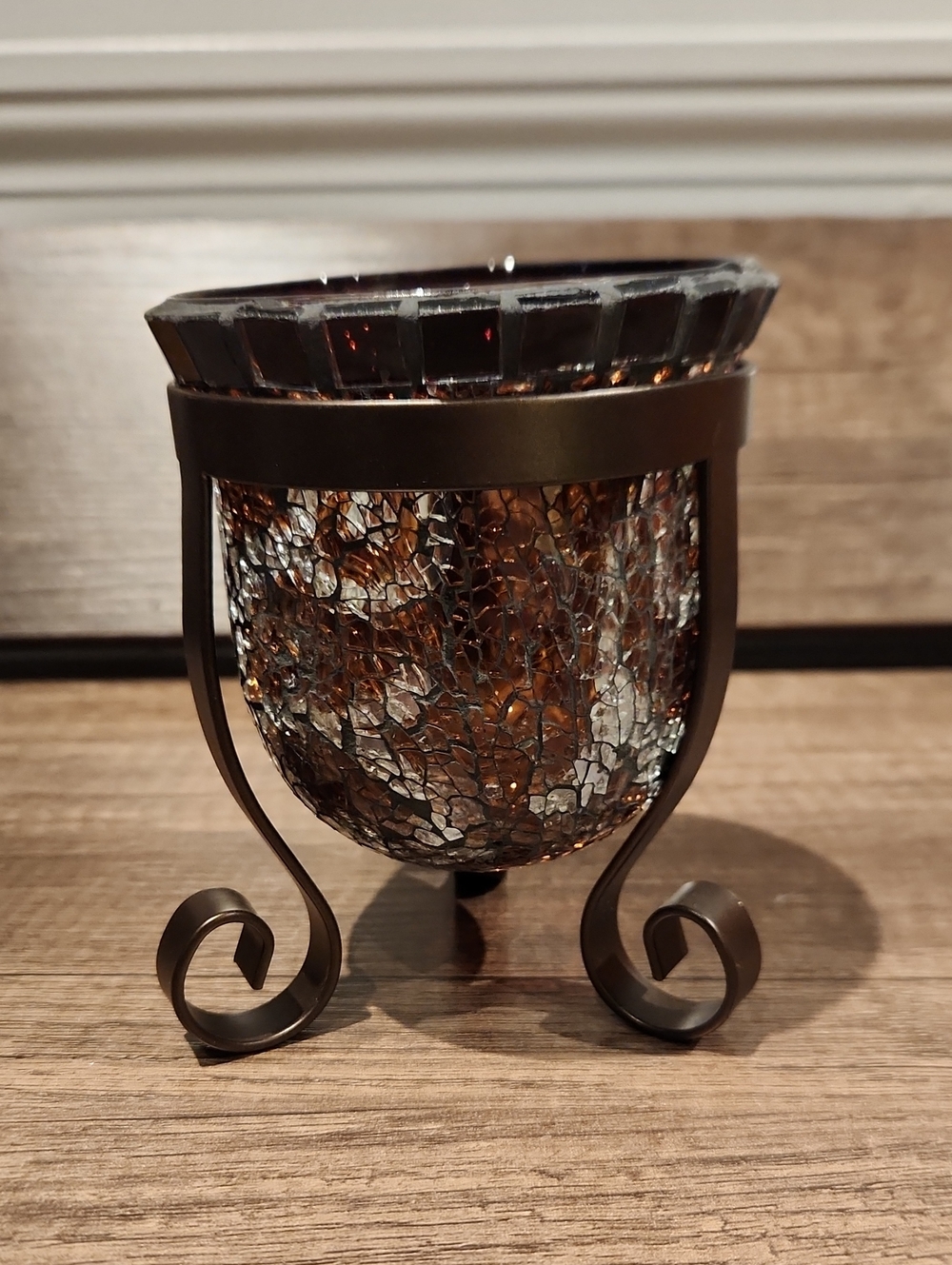 PartyLite Brown Amber Mosaic Glass Votive with Bronze Metal Stand